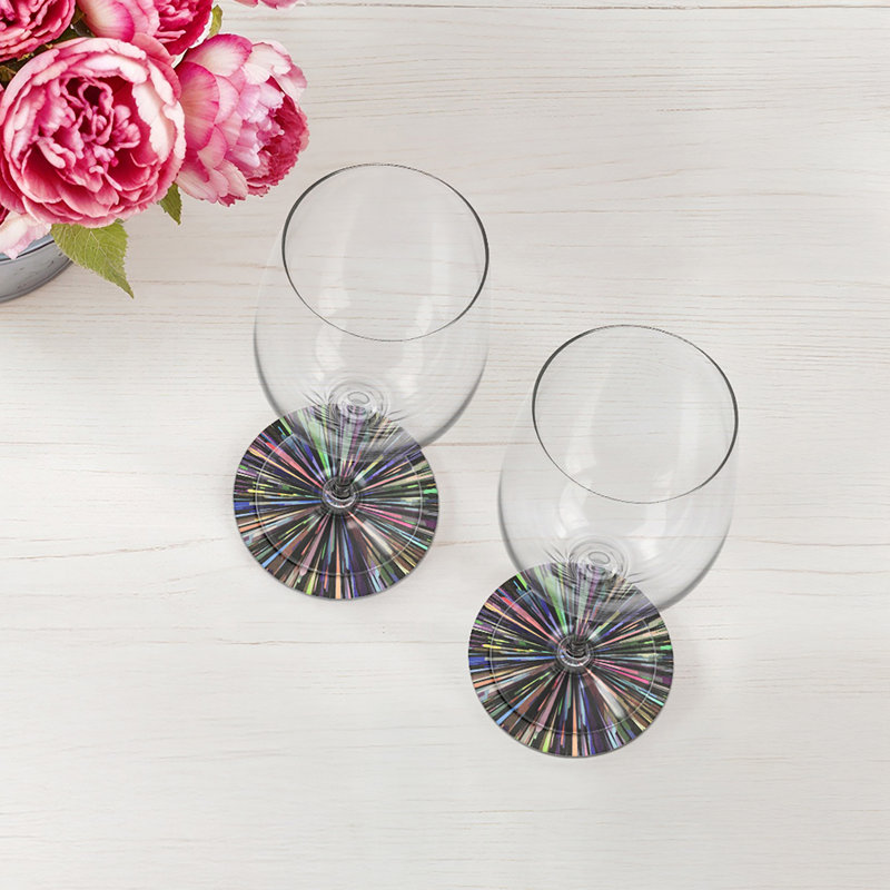 Fireworks Black Vegan Leather Round Coasters, Black