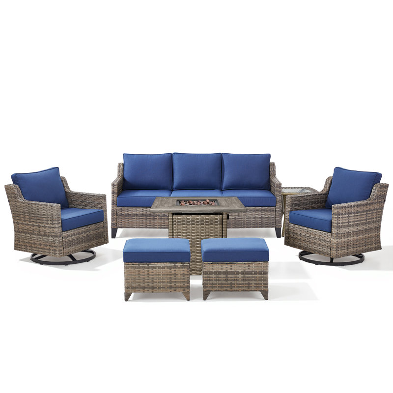 Maelie 7-Piece Outdoor Patio Fire Pit Conversation Set With Square Fire Pit, Swivel Gliders, Ottomans And Side Table, Blue
