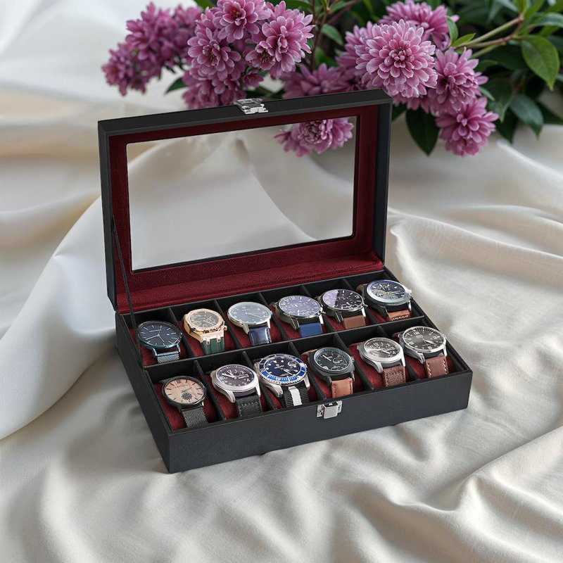 Boîte à montre, organisateur de boîtier de montre à 12 fentes avec grand couvercle en verre, coussins amovibles, cadeau pour les proches