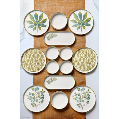 Elegant 14-Piece Breakfast Set, 100% Ceramic | Includes 6 Plates (7.5 inches), 2 Platters (9.8 x 4.3 x 1.4 inches), 6 Bowls (4.1 x 4.1 x 1.4 inches, 5.1 fl oz) | Dishwasher Safe, Perfect for Stylish Dining & Entertaining | Durable & Chic Design