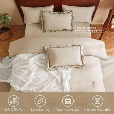 Ensemble d'édredon pour grand lit, lit à volants en lin 7 pièces dans un sac, literie moelleuse ultra-moelleuse de style campagnard avec édredon, draps, taies d'oreiller et taies d'oreiller, toutes saisons