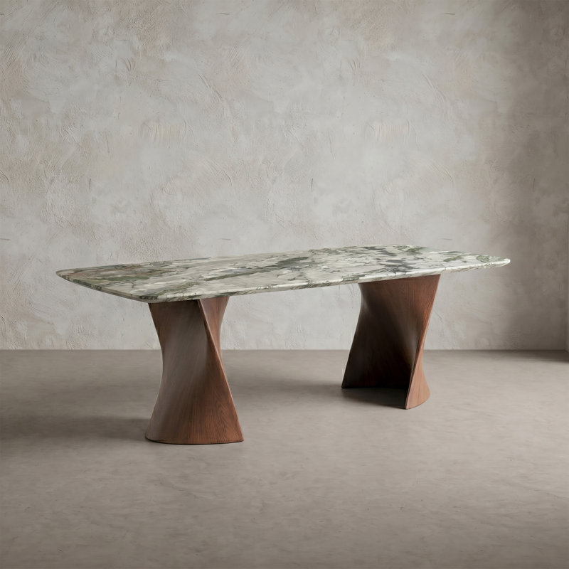 Table de salle à manger rectangulaire Premier en pierre frittée avec base en tréteaux en bois Premier, Vert / Beige