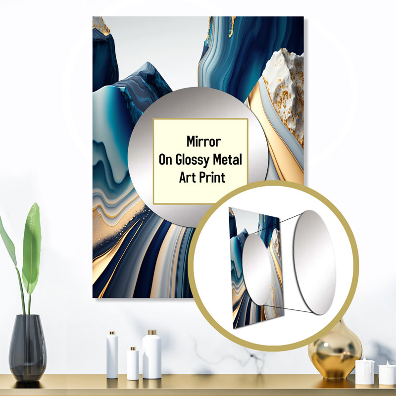 Mohsan abstrait géométrique vagues bleues et dorées I - miroir unique abstrait, grand miroir mural moderne, art imprimé en métal