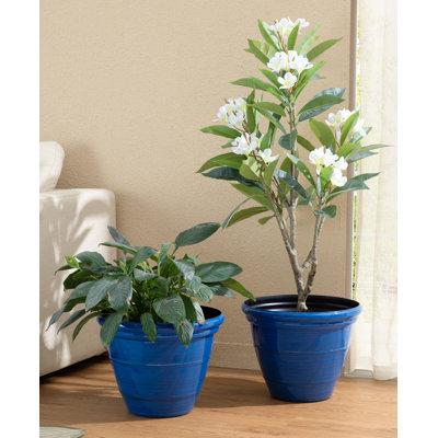 Ensemble de 2 pots à fleurs ronds en céramique artificielle bleu cobalt 15,5 "