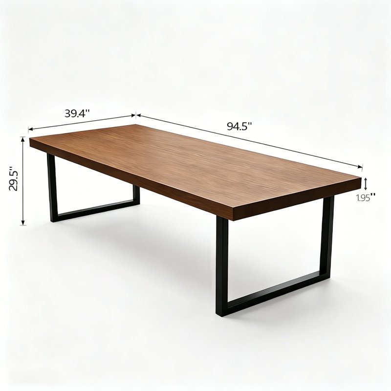 Modern solid wood dining table with a walnut-coloured wood finish and metal legs, 29.5" H x 94.5" W x 39.4" D