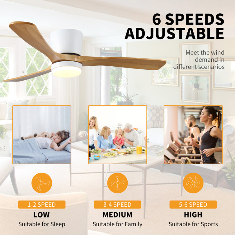 Wood Ceiling Fans With Lights And Remote, Flush Mount Low Profile Ceiling Fan With Light, 6 Speed, Reversible DC Motor