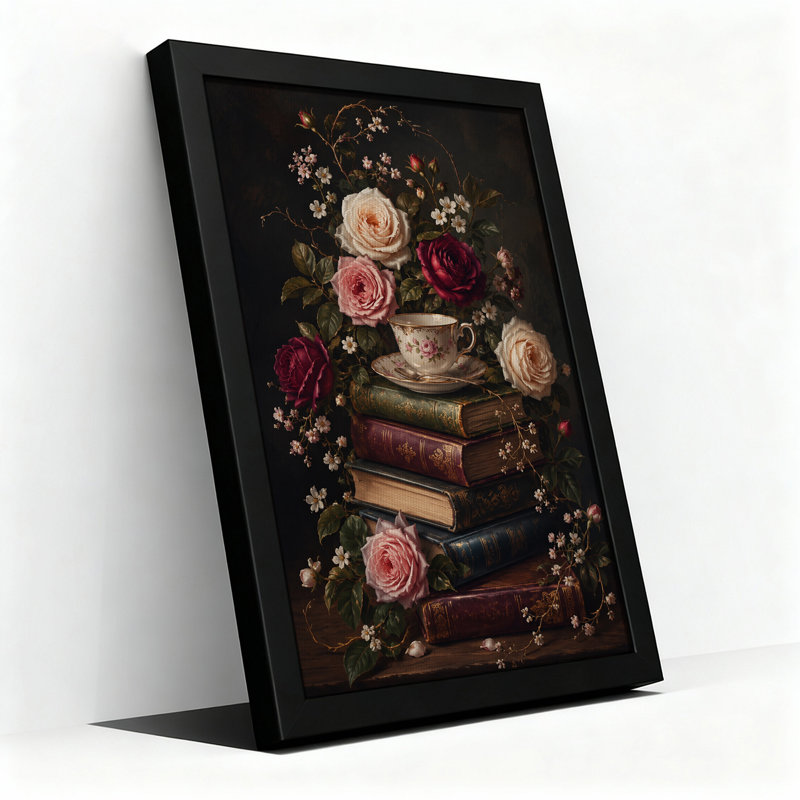 Roses roses et bourgogne avec livres empilés et art mural d'Halloween, H 30 po x l 20 po