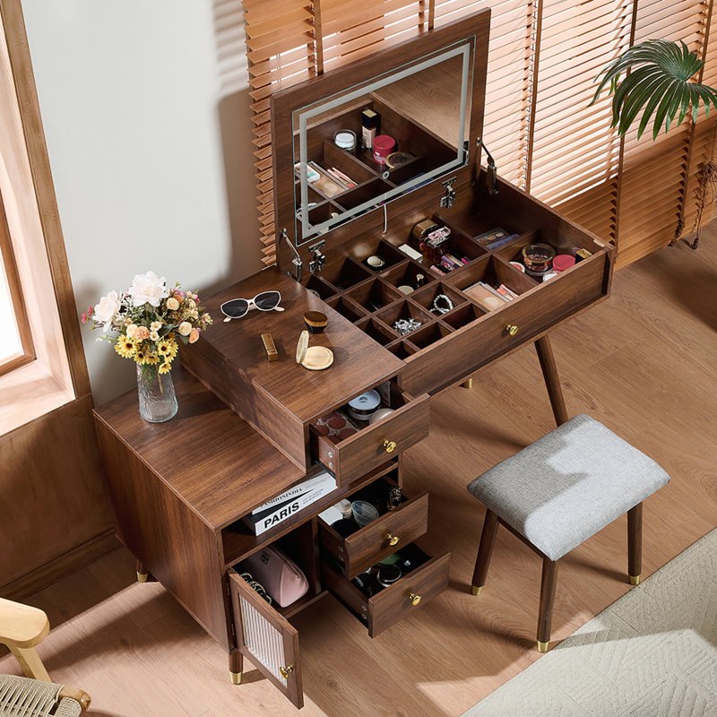 Coiffeuse 3 en 1 avec tabouret, Noyer