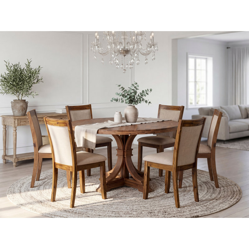 L'ensemble de salle à manger 7 pièces se compose d'une table de salle à manger à piédestal et de 6 chaises en lin brun clair avec dossier rembourré - finition noyer antique