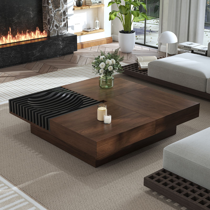 Zaryia Modern Square Walnut Wood Coffee Table with Sliding Top and Hidden Storage Compartment, 11.8" H x 39.4" L x 39.4" W