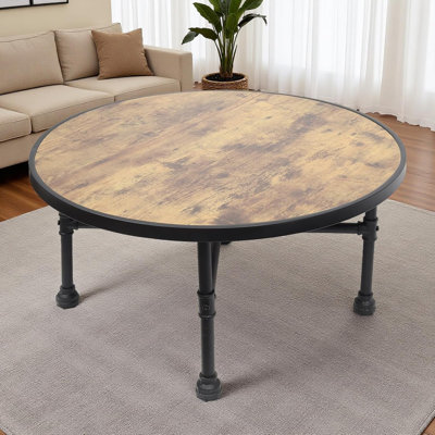 Industrial Round Coffee Table, Circle Wood Pottery Barn Coffee Table With Heavy Duty Metal Pipes Legs, Accent Cocktail Table Center Table With Open Shelf Storage For Living Room Home