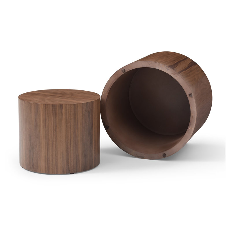 Ensemble de 2 tables basses gigognes rondes, tables d'appoint modernes en MDF avec détails en relief pour salon et chambre, fini noyer