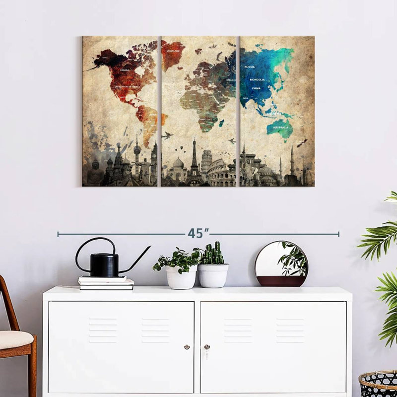 Abalone coloré, ensemble de 3 cartes du monde sur toile, H 24 po x l 38 po x P 1,25 po