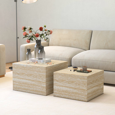Faux Marble Nesting Coffee Tables - Set of 2 Modern Square Side Tables for Living Room, No Assembly Needed,Travertine