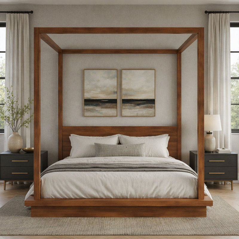 Très grand lit plateforme à baldaquin en bois avec tête de lit, durable et élégant pour les chambres modernes et traditionnelles