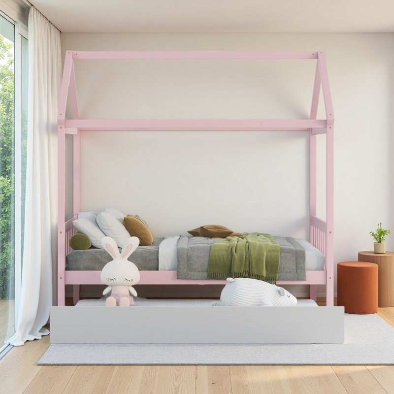Structure de lit en bois massif avec lit gigogne, aucun sommier nécessaire, Rose