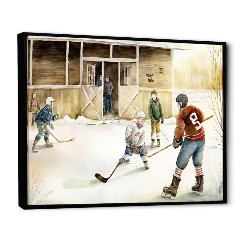 Enfants jouant au hockey sur la patinoire II - Impression sur toile, H 12 po x l 20 po x P 1 po