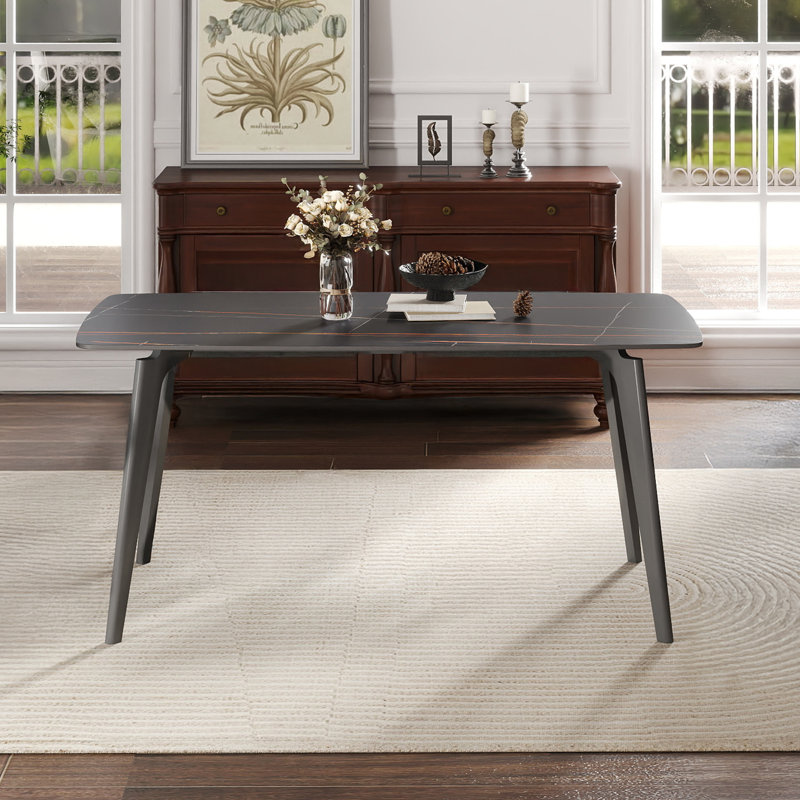 62.99" Modern Artificial Stone Black Curved Edge Dark Grey Metal Leg Dining Table-Can Accommodate 6 People(Dining Table Only)