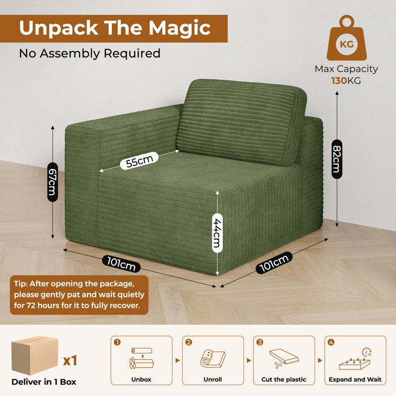Modular Corduroy 101cm Accent Chair, Facing The Left Handrail, Green