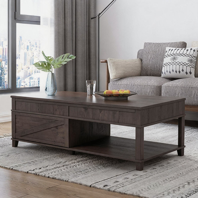 Table basse à plateau relevable avec compartiment caché, tablette ouverte et bureau réglable, Gris