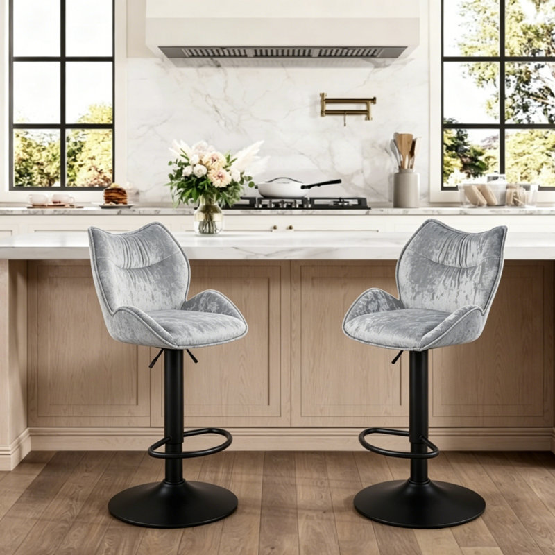 Swivel Velvet Adjustable Height Bar Stool with Iron Frame