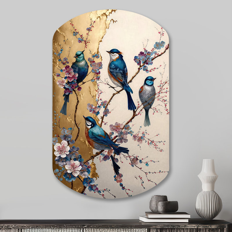 Décoration murale en métal multicolore oiseaux sur prunier II - forme cylindrique d'oiseau, H 31 po x l 19 po