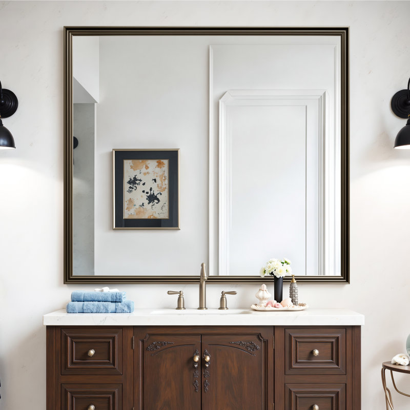 Tempered Glass Wall-Mounted Mirror, Shatter-Resistant Reinforced Design, Vertical/Horizontal Hanging Installation, 40" x 36"
