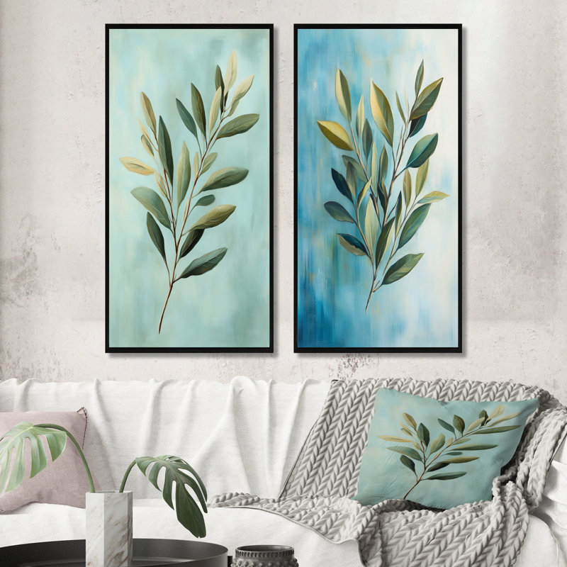 Feuilles ensoleillées sur fond bleu - Ensemble de 2 décorations murales de feuilles, 40" H x 40" W, Black Floater Framed
