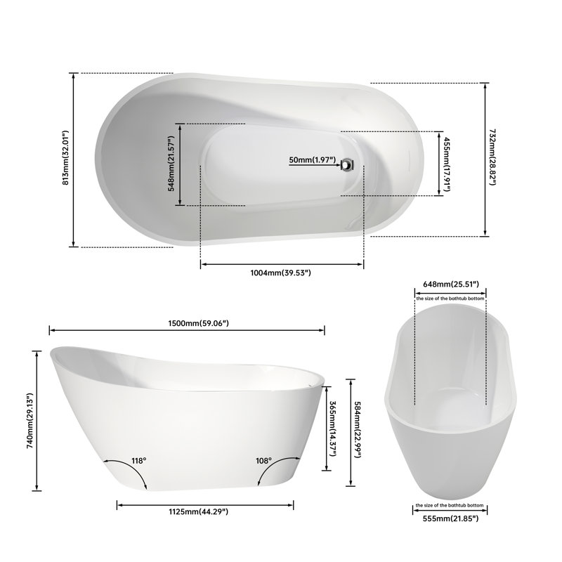 59'' Freestanding Acrylic Bathtub With Chrome Drain