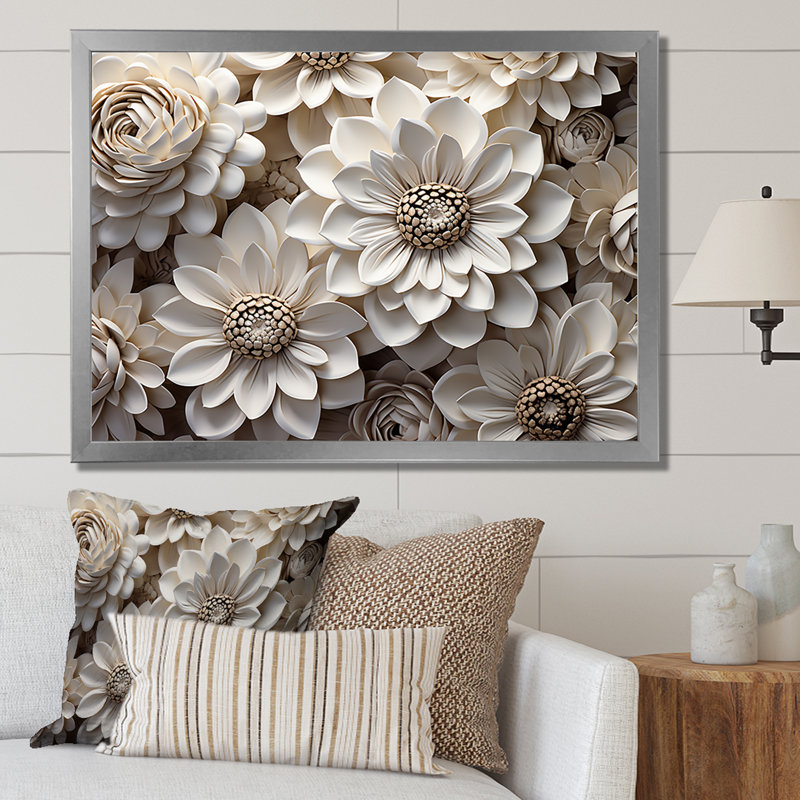 Représentation transparente de zinnias blancs sur toile, H 16 po x l 32 po x P 1 po, Cadre simple argenté