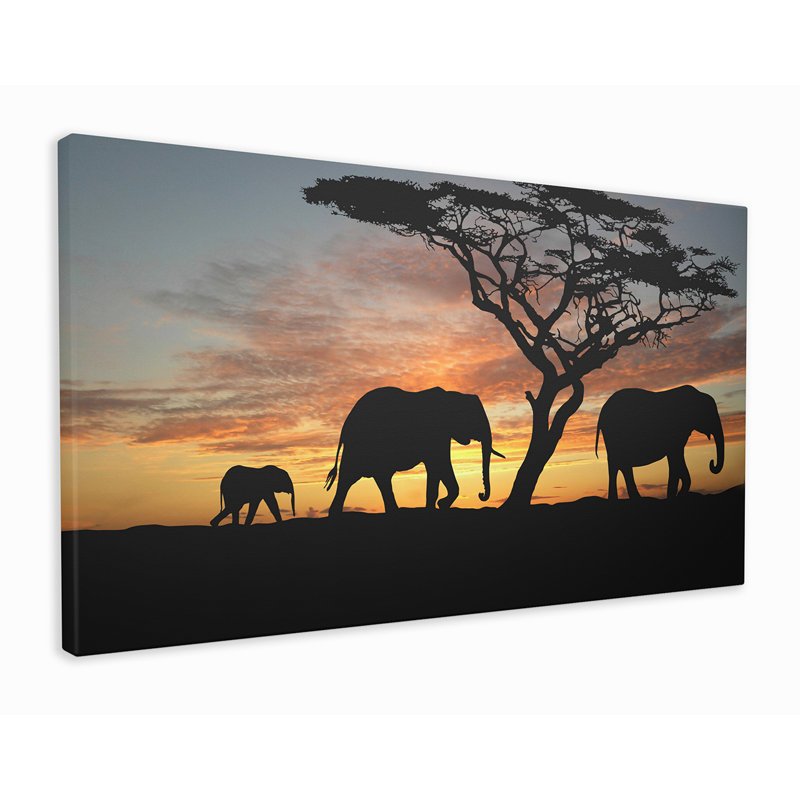 Elephants In Sunset - Wrapped Canvas Print, 31cm H x 51cm W x 2cm D