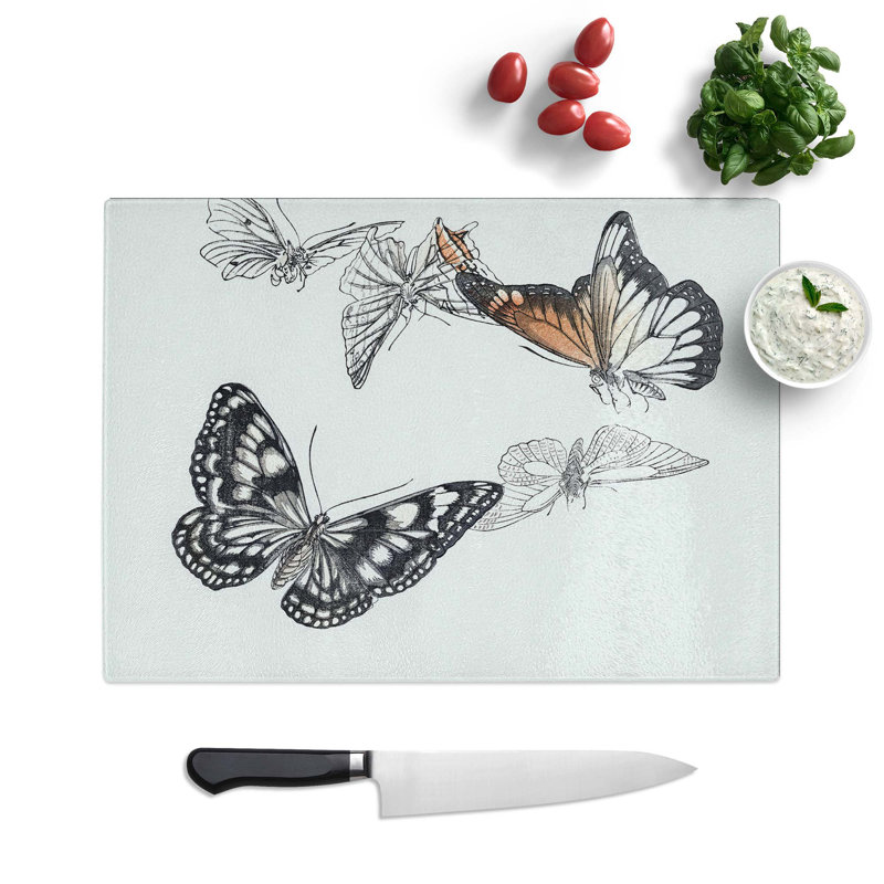 Tempered Glass Butterfly Illustration Chopping Board, 39 cm W x 28.5 cm L
