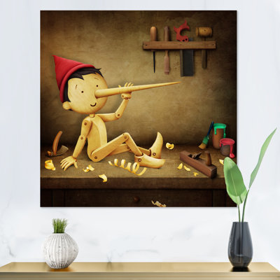 Pinocchio avec long nez et chapeau rouge - reproduction d'art sur toile pour enfants