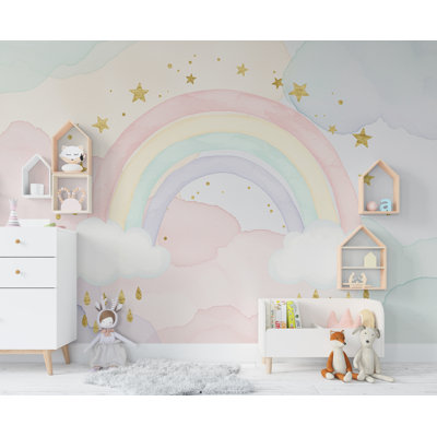 Rainbow Pastel Wallpaper Watercolor Rainbow Mural Nursery Stars Rainbow Wall Art For Nursery Bedroom Or Living Room 757RS (Peel-N-Stick) RS757