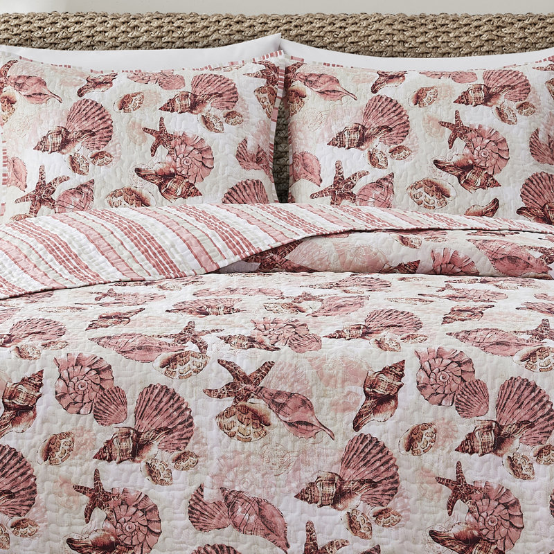 Ensemble de courtepointe réversible en microfibre 3 pièces Shell Treasure, Courtepointe double et 2 taies décoratives standa