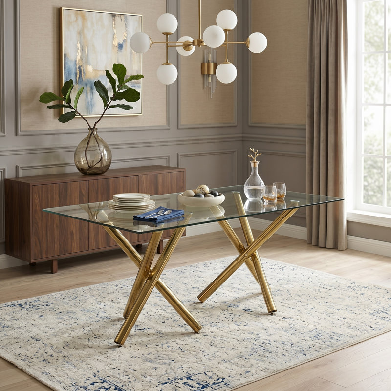 Adella Modern 71" Rectangular Clear Tempered Glass Dining Table with Double X-Shaped Gold Metal Base, Seats 6