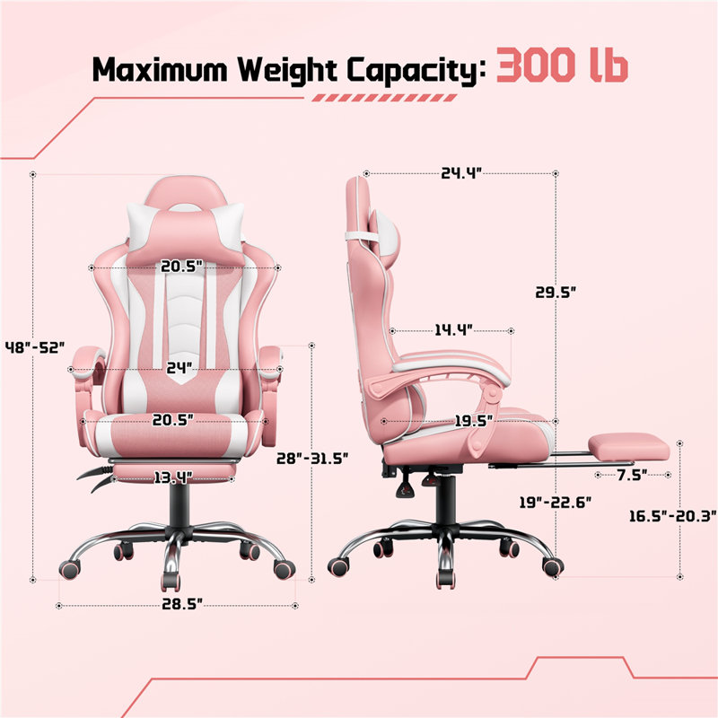 Fauteuil de jeu ergonomique avec coussin lombaire de massage, Rose/Blanc