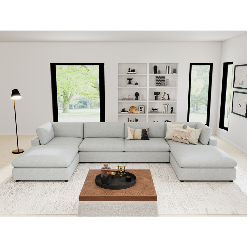 6-Piece Minimalist Modern Soft-Upholstered Sectional With Two Ottomans
