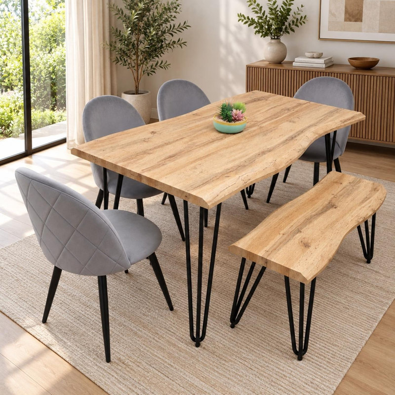 Rustic Wood-Effect Wavy Dining Table Set with Grey Velvet Chairs & Bench, 6 Pieces: Table, 4 Chairs, 1 Bench