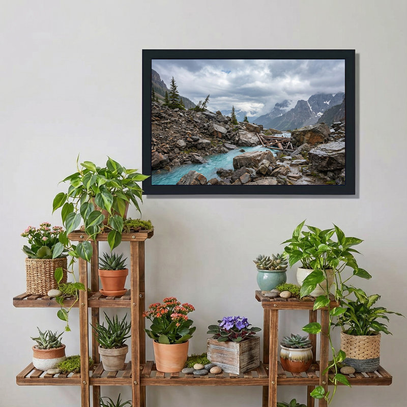 «Turquoise River» avec des rochers gris et des pins, art mural sur toile, H 12 po x l 18 po
