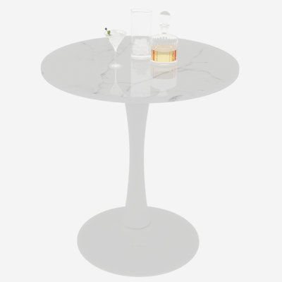 White coffee table, mid-century modern style dining table, suitable for 2-4 people, featuring a round white-veined marble tabletop,  for various settings.
