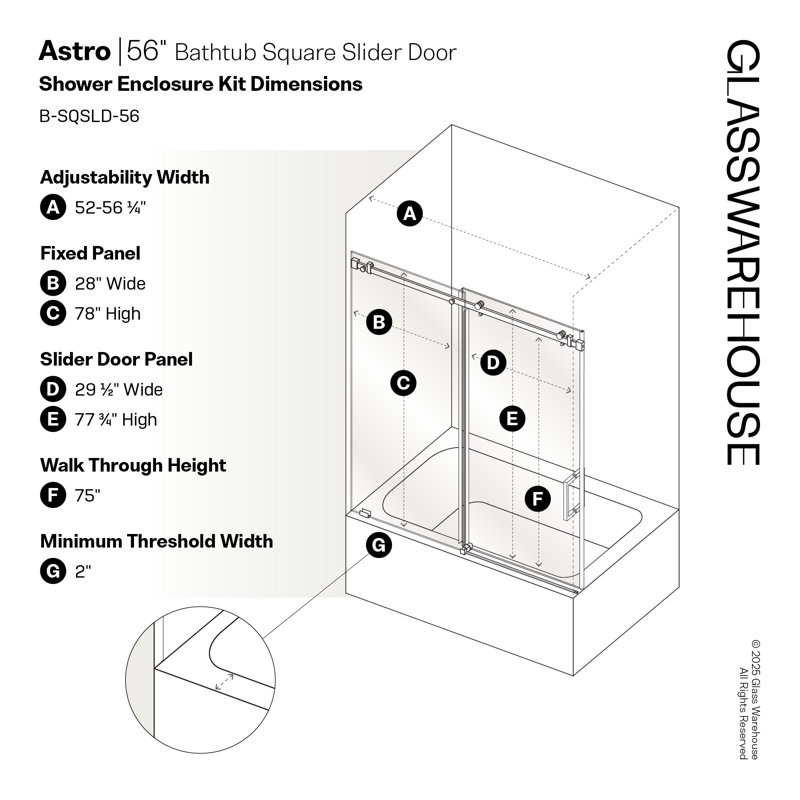 Astro 52 in. - 56 in. x 60 in. Frameless Sliding Bathtub Door, Matte Black