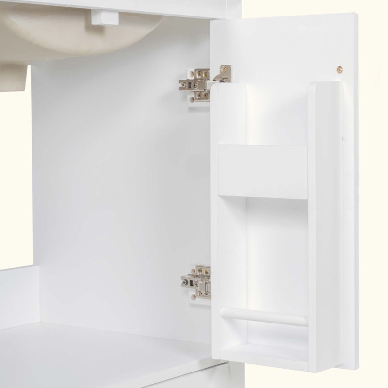 Meuble-lavabo de salle de bain avec lavabo, armoire en panneau de fibres à densité moyenne avec cadre en bois massif, 1 tiroir divisé et 2 portes à fermeture douce avec double tablette sur la porte, meuble-lavabo autoportant