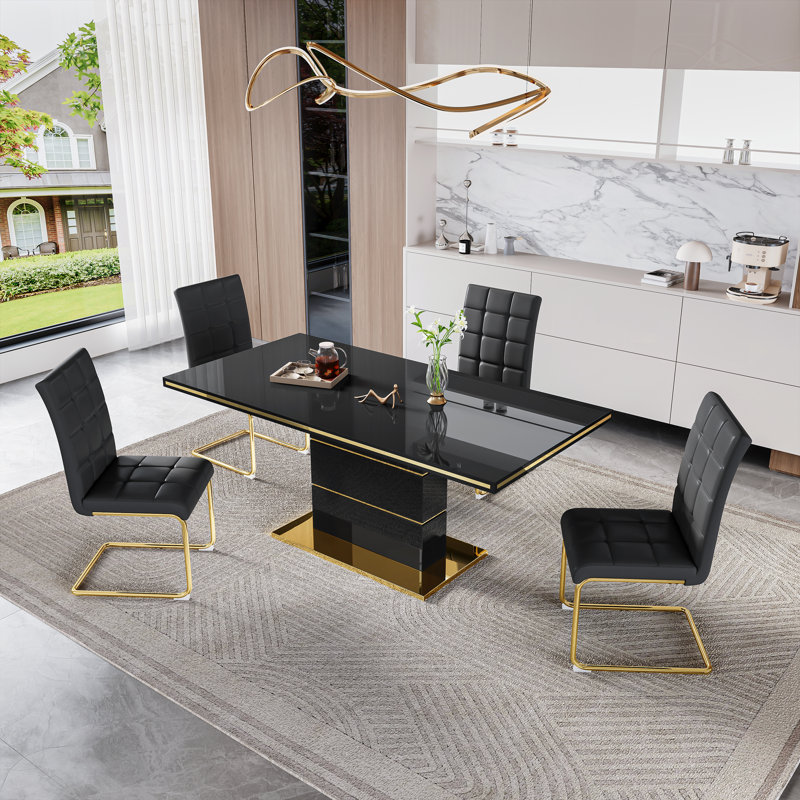 5-Piece Glass Top Dining Table Sets, Black, Black/Gold, Black/Gold