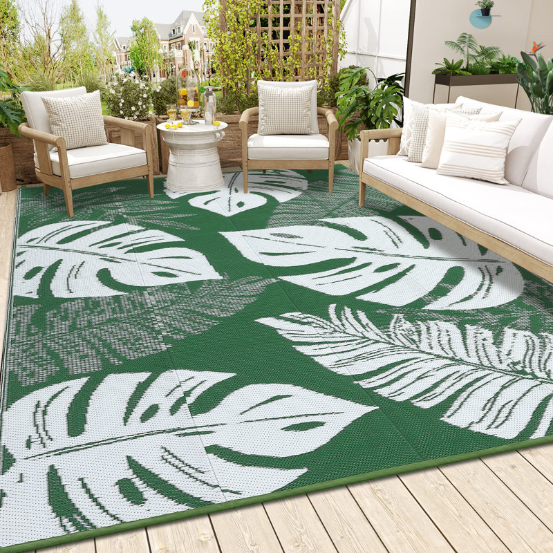Outdoor Plastic Straw Rug 9x12ft, Waterproof & UV Resistant, Reversible Patio Carpet with Portable Storage Bag & 4 Stakes, Easy-Clean, Non-Slip, Modern Area Mat for RV, Camping – Green