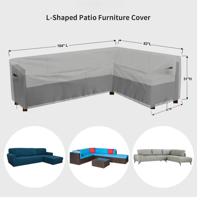 Waterproof, UV and Wind Proof L-Shaped Patio Furniture Cover, 500D Heavy Duty , Right Side, 104 in. L x 83 in. L, Gray