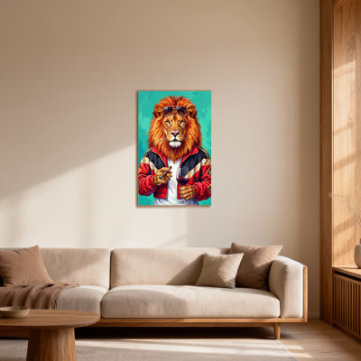 Animaux, lion portant des lunettes de soleil et une veste tenant un verre à vin