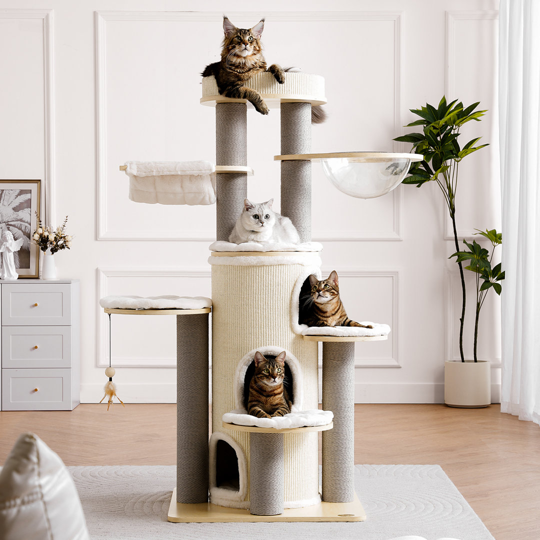 63'' H Large Solid Wood Cat Tree Multi-Level Tall Cat Tower Cat Tree for Indoor Cats Large Adult KZLAA