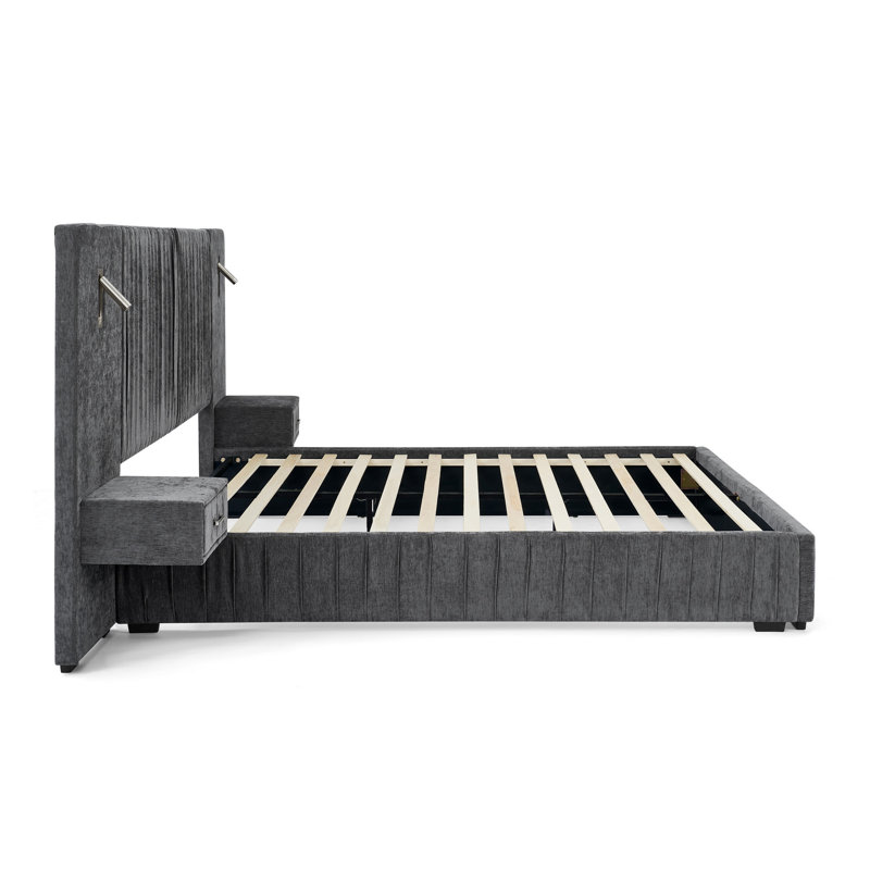 Structure de lit tapissier pour grand lit, tissu en chenille avec motif plissé, lit plateforme avec tête de lit, cadre solide et table de chevet (aucun sommier nécessaire)