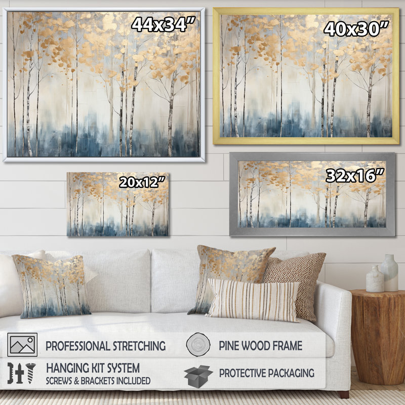 Minimalisme bleu et forêt dorée II - forêt, art mural, H 12 po x l 20 po x P 1 po, Cadre simple blanc
